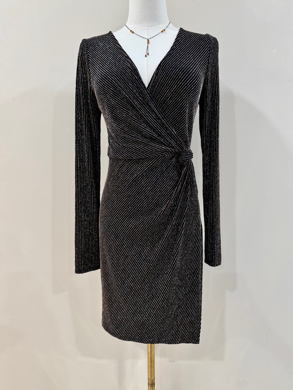 Black Metallic Wrap Mini Dress Silver Gold Shimmer Size M Y2K Party Glam